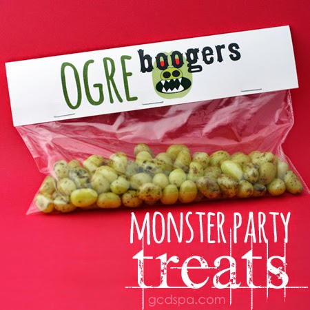 Green jelly beans, or ogre boogers? Print tags for Jack-o-lantern teeth and ghost poop, too, and share these monster party treats. 