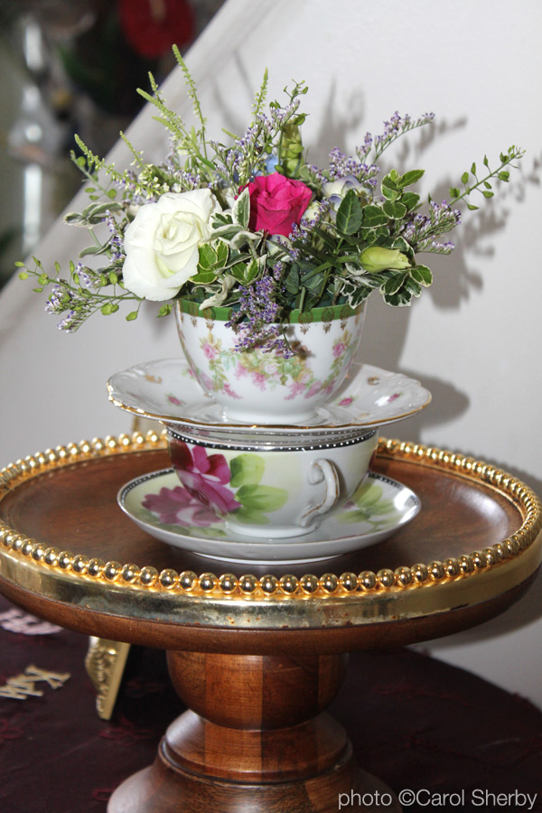 vintage tea cup floral arrangement for the shower