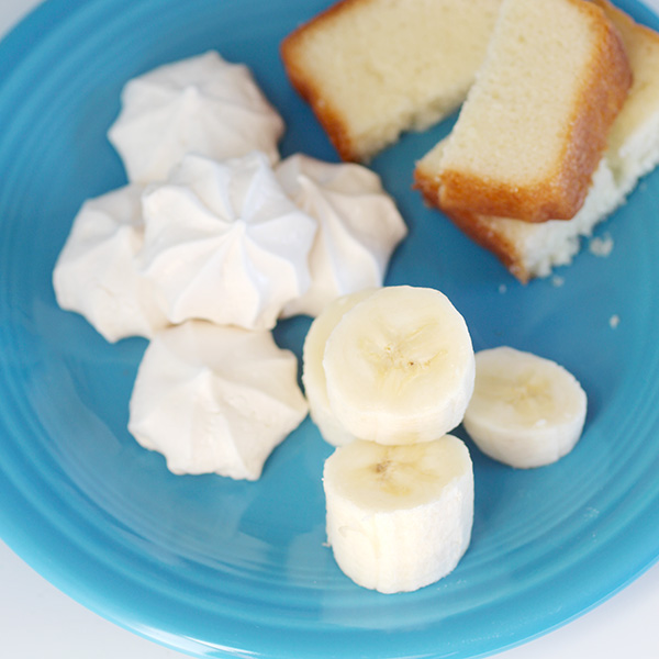 cake meringues and fruit for lemon fondue
